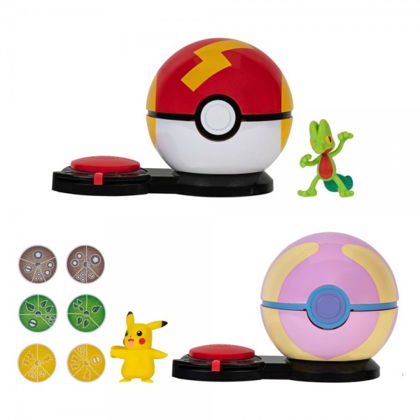 Pokémon Surprise Attack Game Pikachu (weiblich) mit Turboball vs. Geckarbor mit Heilball